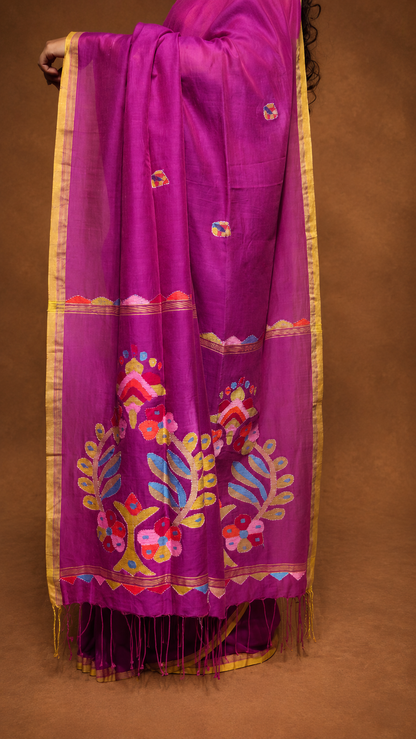 BAHAAR — Pink Kantha Work Handloom Cotton Jamdani Saree