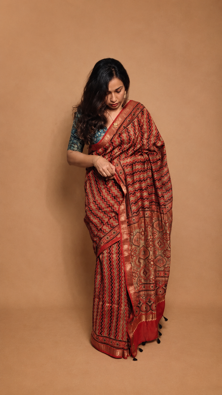 LEHER — Red Chevron Ajrakh Hand Block Printed Maheshwari Saree