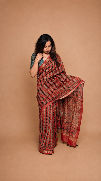LEHER — Red Chevron Ajrakh Hand Block Printed Maheshwari Saree