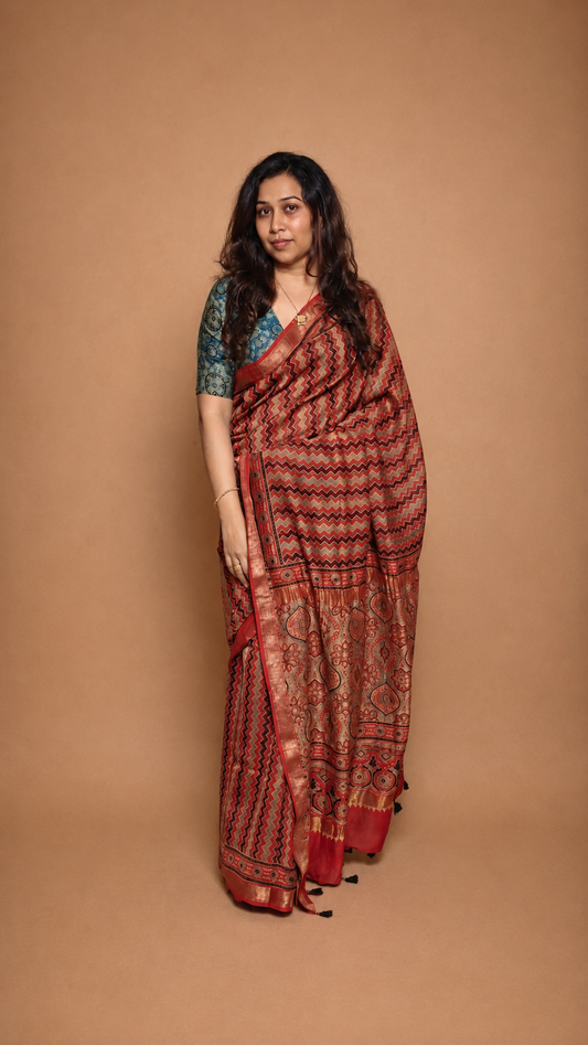 LEHER — Red Chevron Ajrakh Hand Block Printed Maheshwari Saree