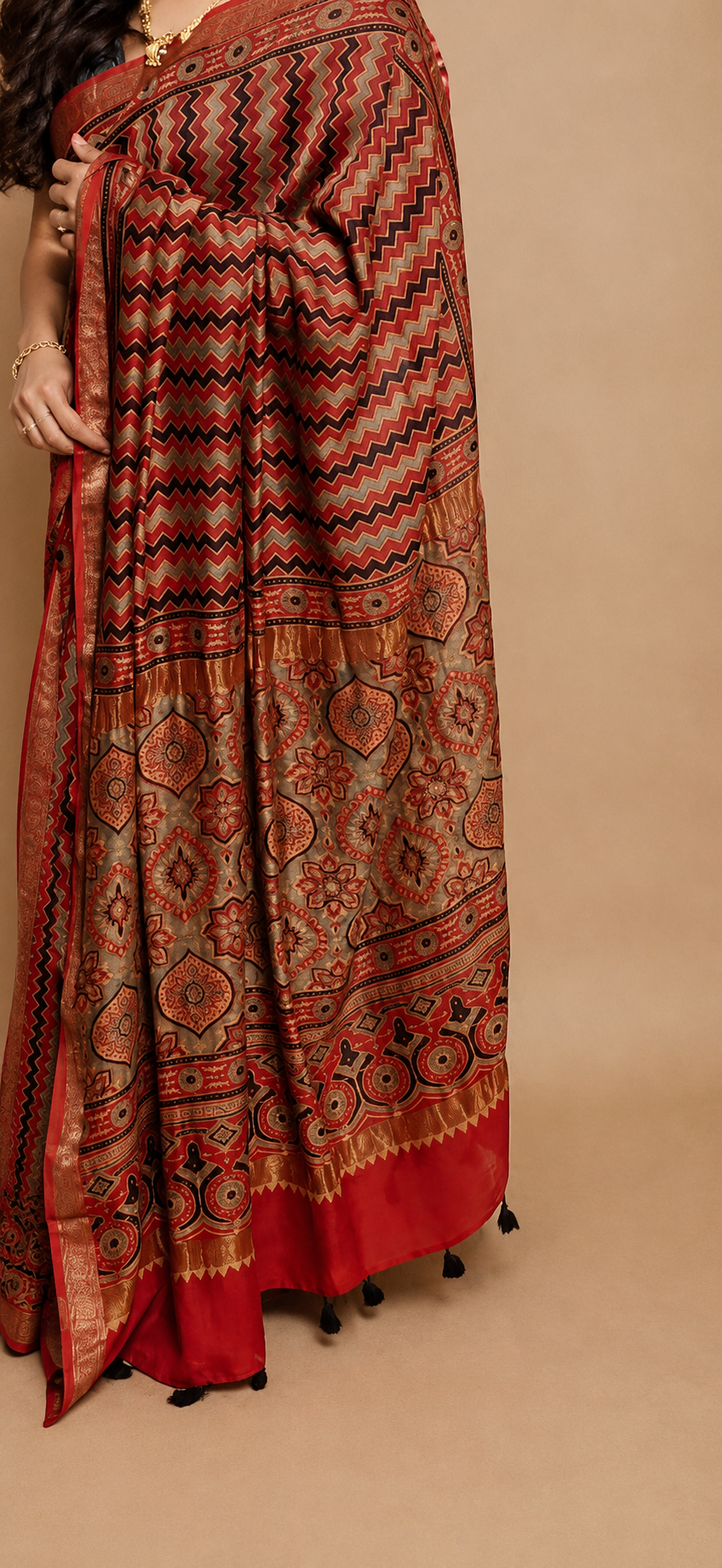 LEHER — Red Chevron Ajrakh Hand Block Printed Maheshwari Saree