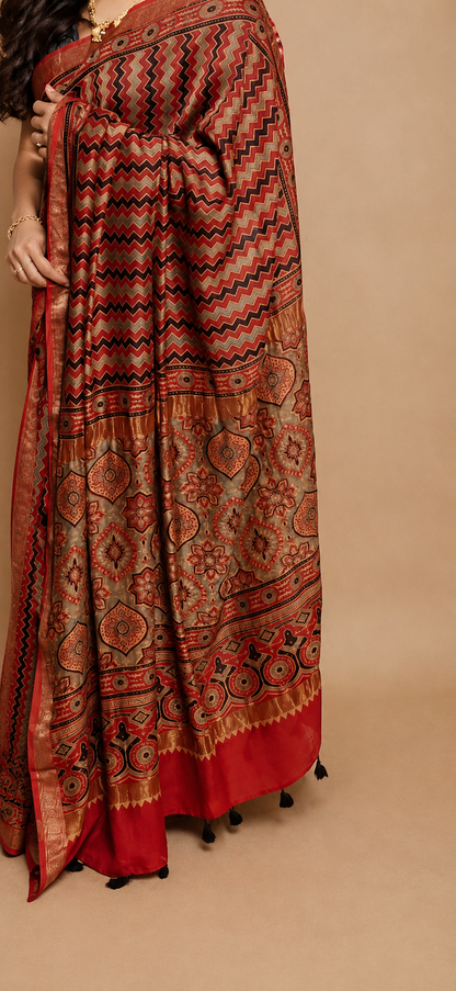 LEHER — Red Chevron Ajrakh Hand Block Printed Maheshwari Saree