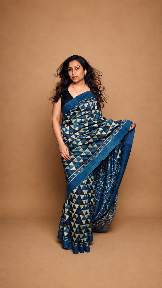 NEELA — Indigo Ajrakh Hand Block Printed Mulberry Silk Saree