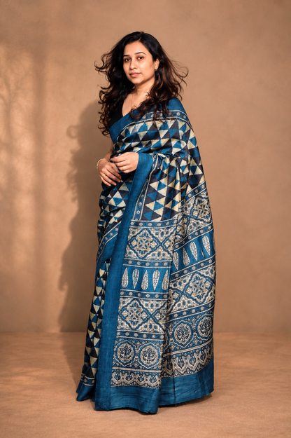 NEELA — Indigo Ajrakh Hand Block Printed Mulberry Silk Saree