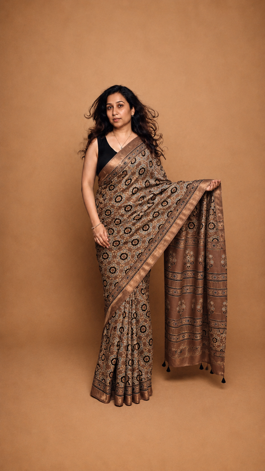 SHAAM — Brown Ajrakh Hand Block Printed Maheshwari Saree