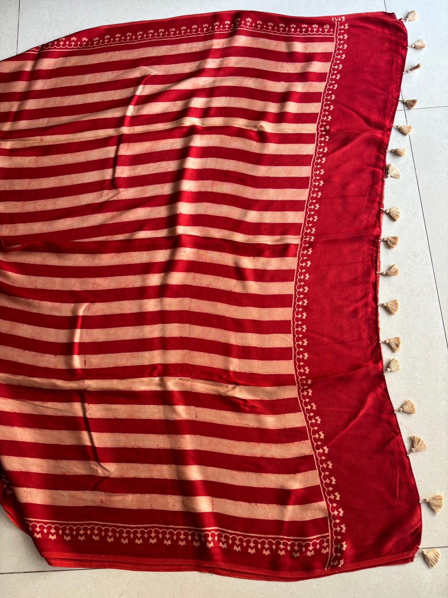 LAAL LEHREN — Red & Beige Stripes Ajrakh Modal Silk Saree