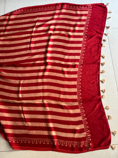 LAAL LEHREN — Red & Beige Stripes Ajrakh Modal Silk Saree