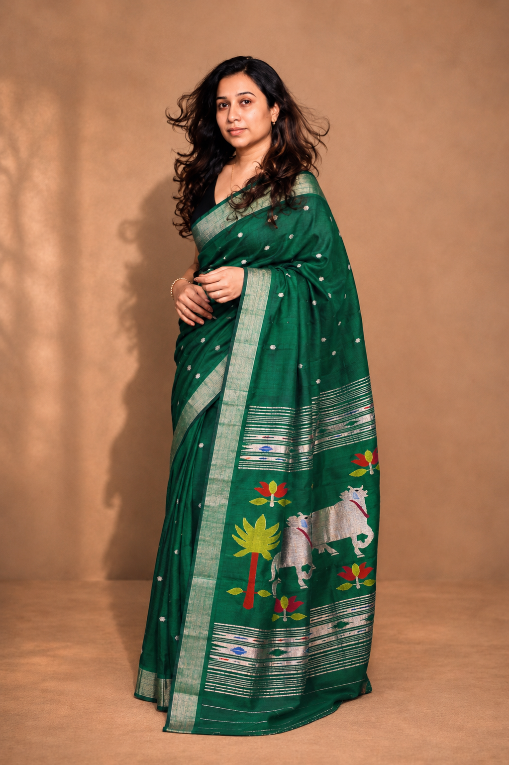 VRINDAVAN — Emerald Green Handwoven Paithani Cotton Saree with Pichwai Pallu