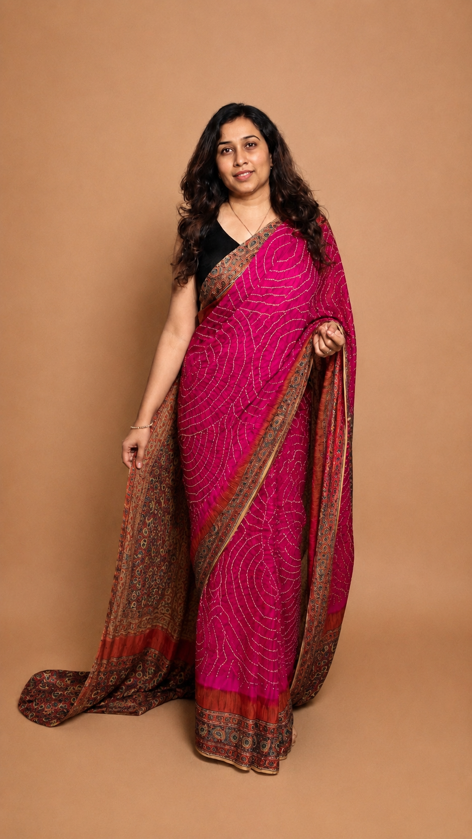 GULABO — Rani Pink Ajrakh Bandhani Pure Gaji Silk Saree