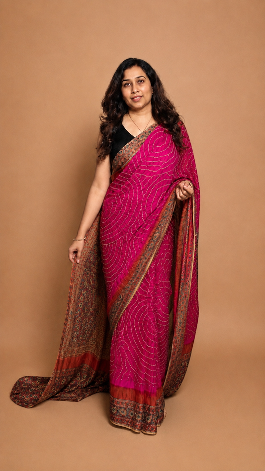 GULABO — Rani Pink Ajrakh Bandhani Pure Gaji Silk Saree