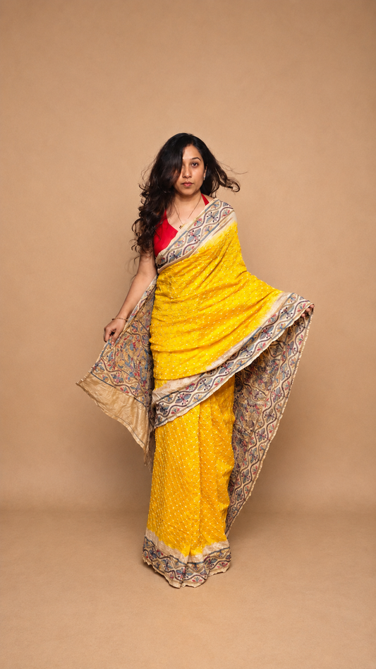 BASANT — Yellow Bandhani & Kantha Work Tussar Silk Saree
