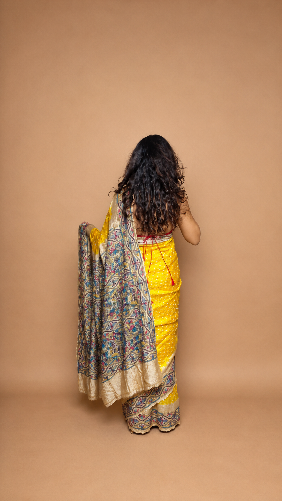 BASANT — Yellow Bandhani & Kantha Work Tussar Silk Saree