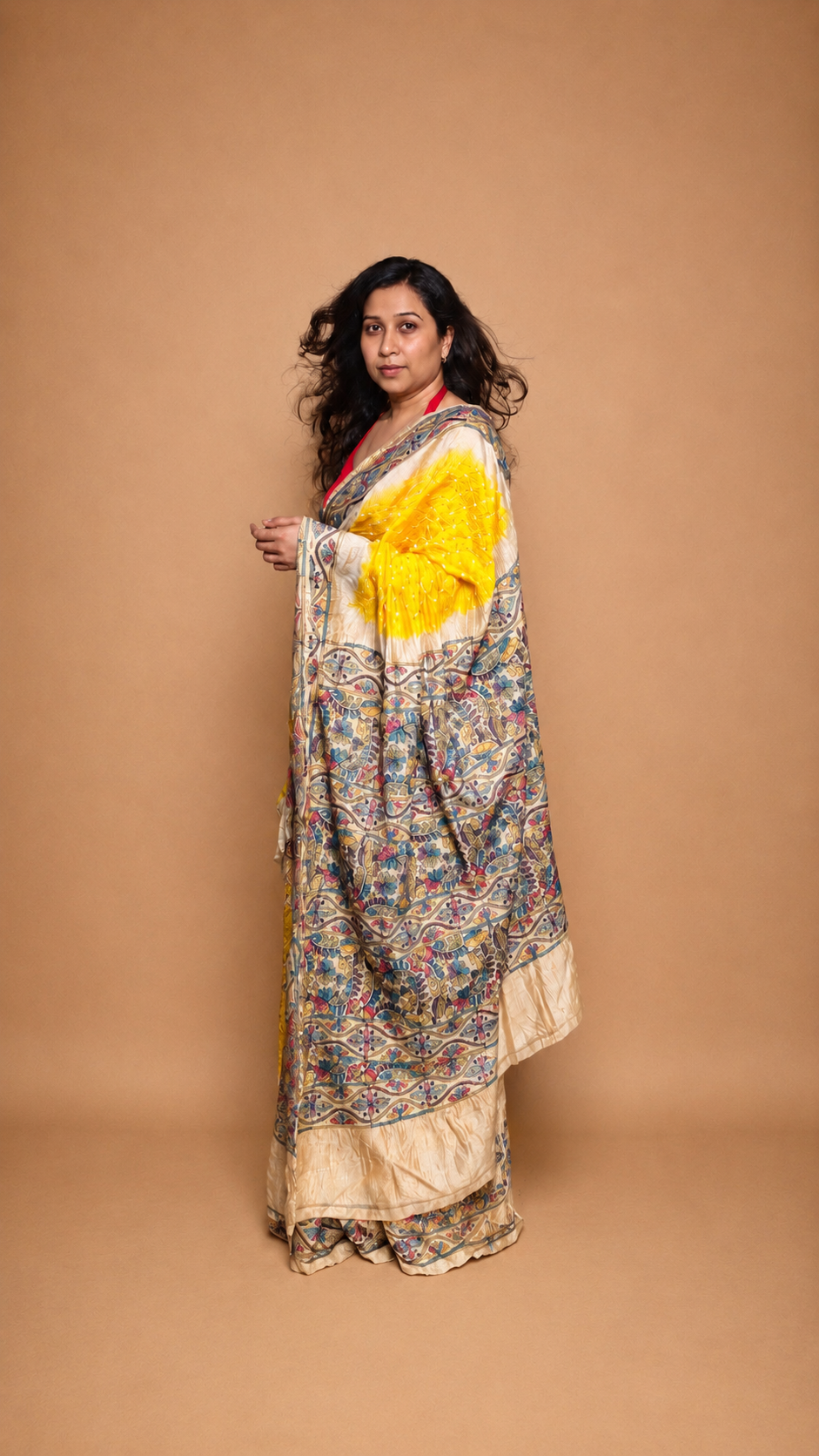 BASANT — Yellow Bandhani & Kantha Work Tussar Silk Saree