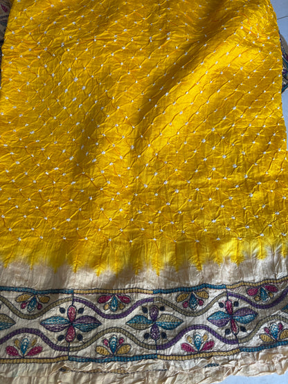 BASANT — Yellow Bandhani & Kantha Work Tussar Silk Saree