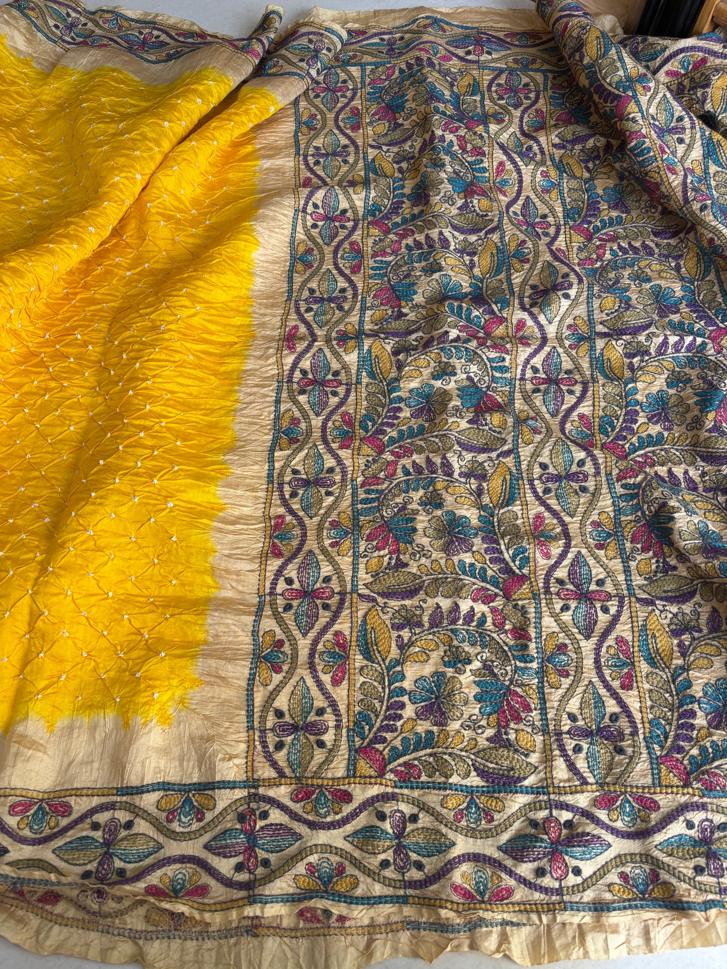 BASANT — Yellow Bandhani & Kantha Work Tussar Silk Saree