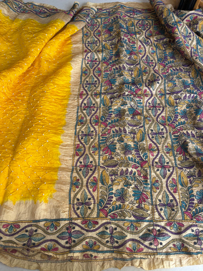 BASANT — Yellow Bandhani & Kantha Work Tussar Silk Saree