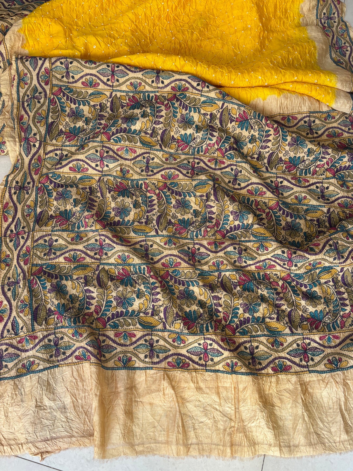 BASANT — Yellow Bandhani & Kantha Work Tussar Silk Saree