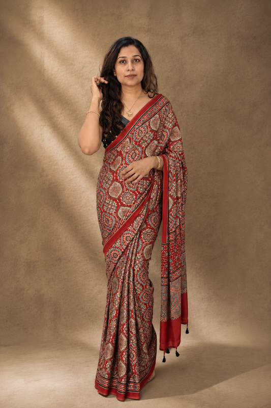BADAM Red Ajrakh Hand Block Printed Modal Silk Saree - Earthy Blocks