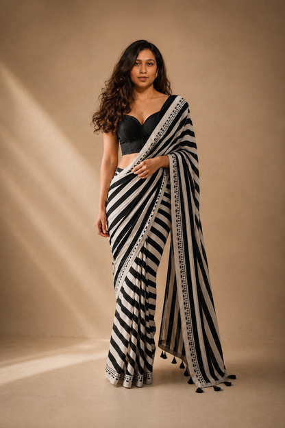 COAL DUNES Black & Beige Stripes Ajrakh Hand Block Printed Modal Silk Saree - Earthy Blocks
