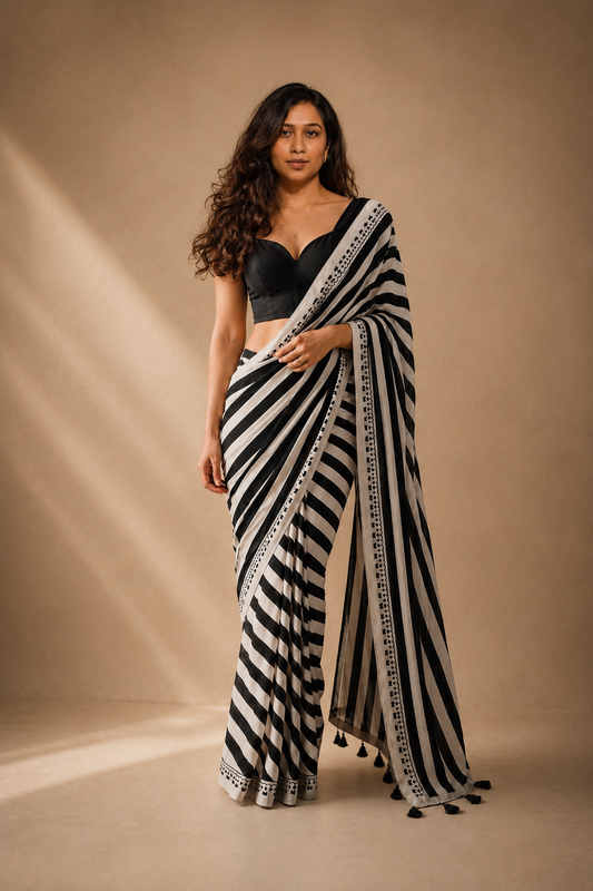 COAL DUNES Black & Beige Stripes Ajrakh Hand Block Printed Modal Silk Saree - Earthy Blocks
