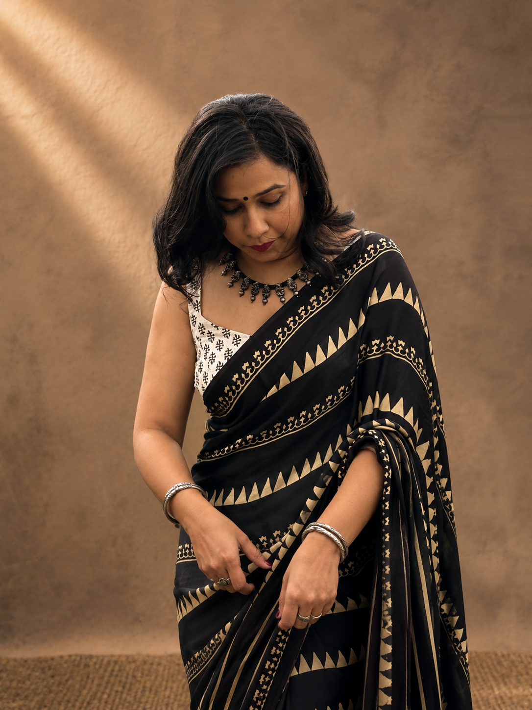 RAAT Black Ajrakh Hand Block Printed Modal Silk Saree - Earthy Blocks