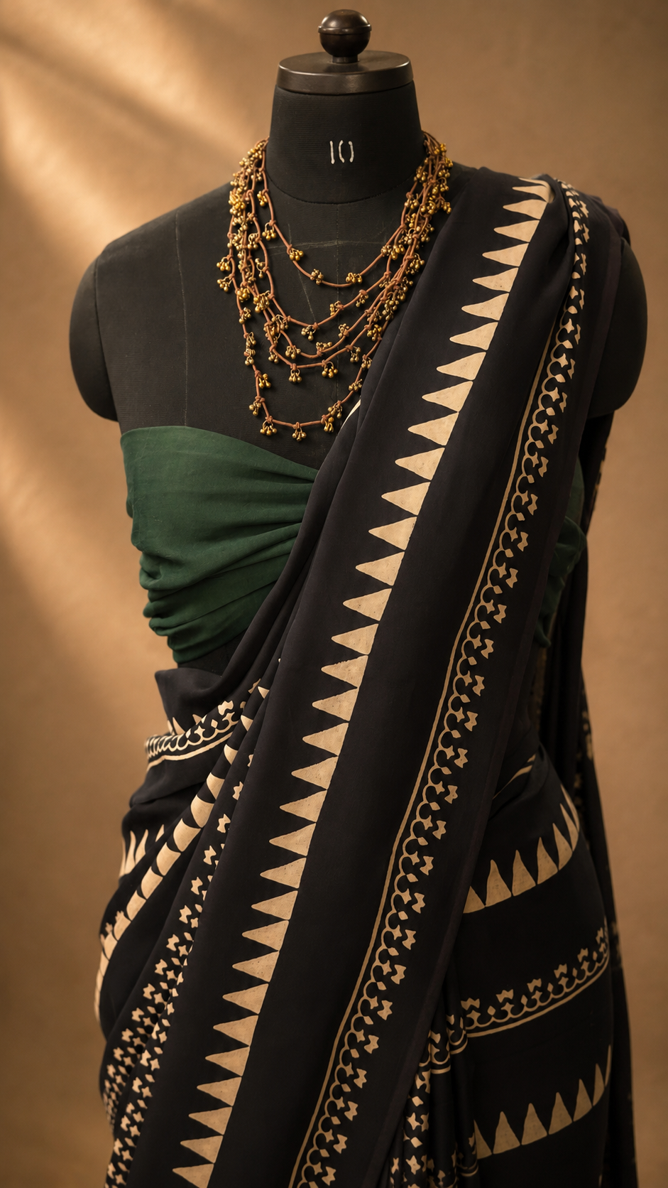 RAAT Black Ajrakh Hand Block Printed Modal Silk Saree - Earthy Blocks