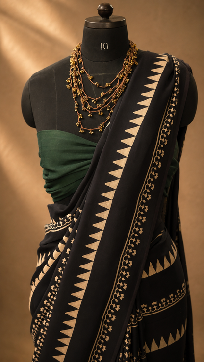 RAAT Black Ajrakh Hand Block Printed Modal Silk Saree - Earthy Blocks