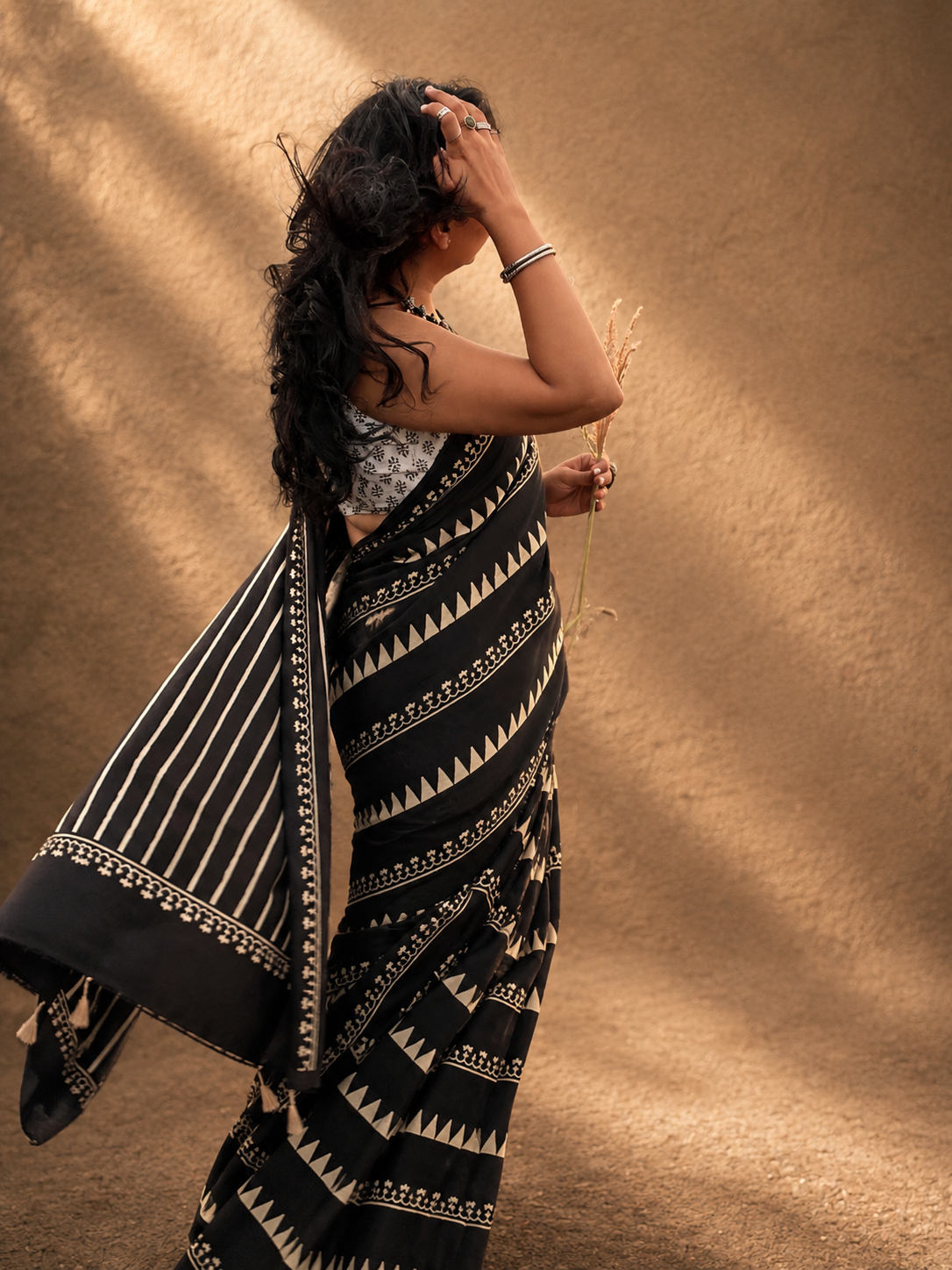 RAAT Black Ajrakh Hand Block Printed Modal Silk Saree - Earthy Blocks