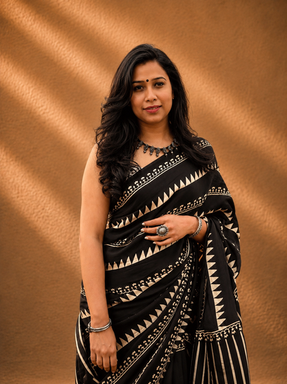 RAAT Black Ajrakh Hand Block Printed Modal Silk Saree - Earthy Blocks