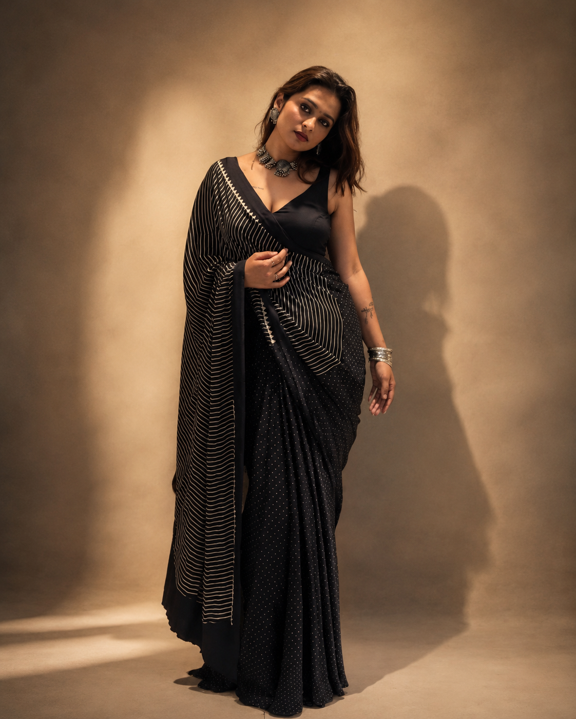 RAI DANA Black & Beige Ajrakh Modal Silk Saree - Earthy Blocks