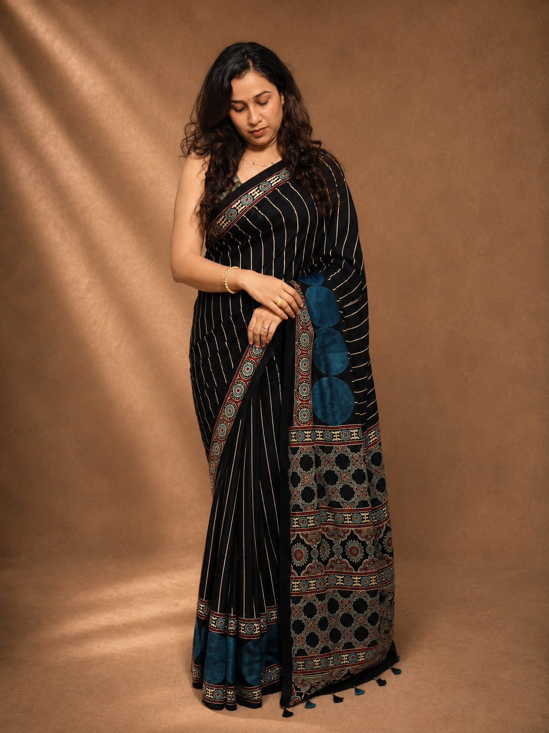 CHAAND Black Ajrakh Hand Block Printed Modal Silk Saree - Earthy Blocks