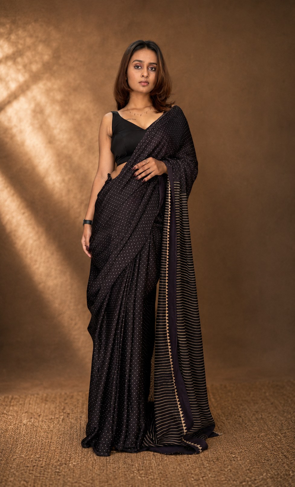 RAI DANA Black & Beige Ajrakh Modal Silk Saree - Earthy Blocks