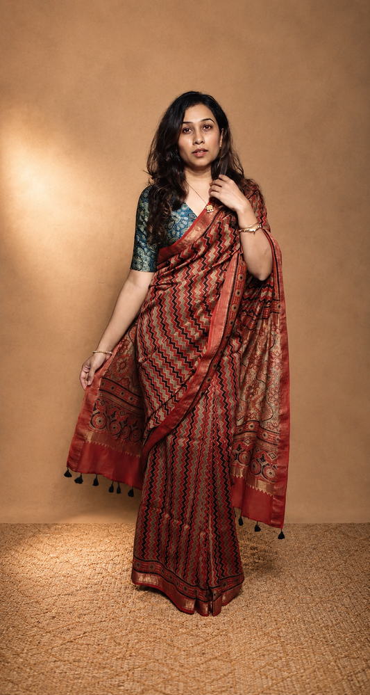 LEHER Red Chevron Ajrakh Hand Block Printed Maheshwari Saree - Earthy Blocks