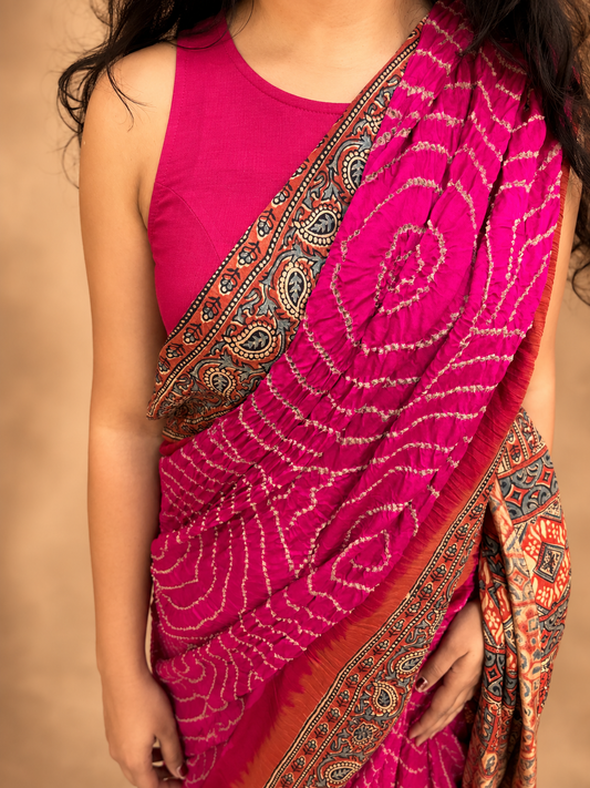 GULABO Rani Pink Ajrakh Bandhani Pure Gaji Silk Saree - Earthy Blocks