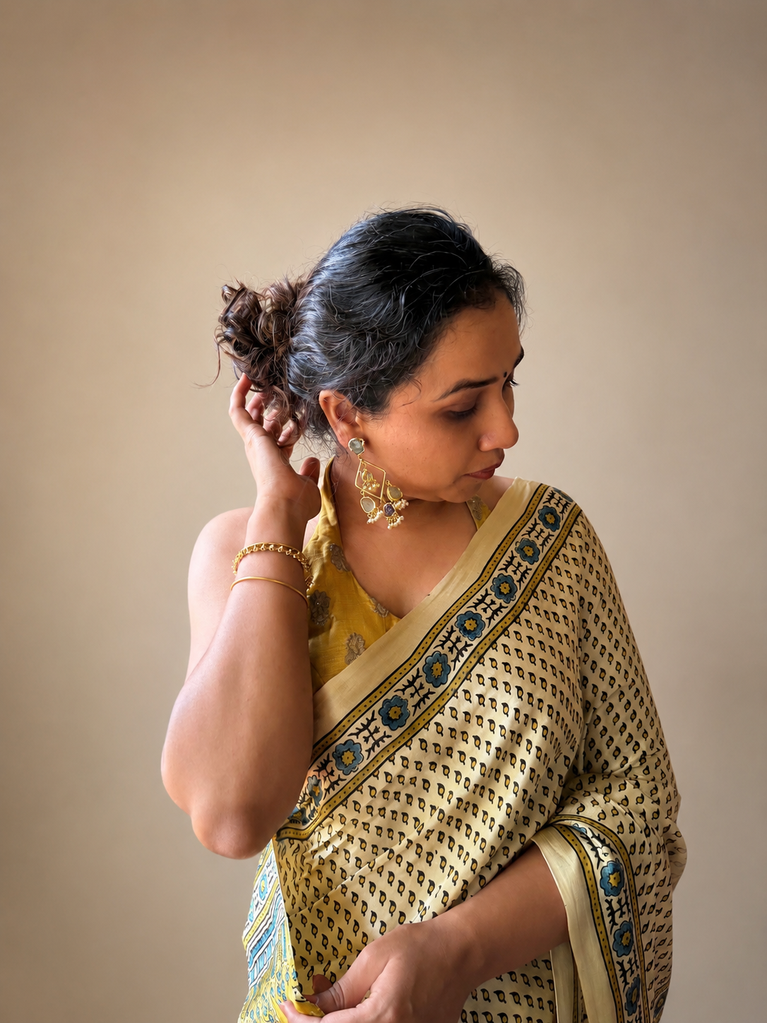 CHAANDNI Cream Ajrakh Buti Modal Silk Saree with Tissue Pallu - Earthy Blocks