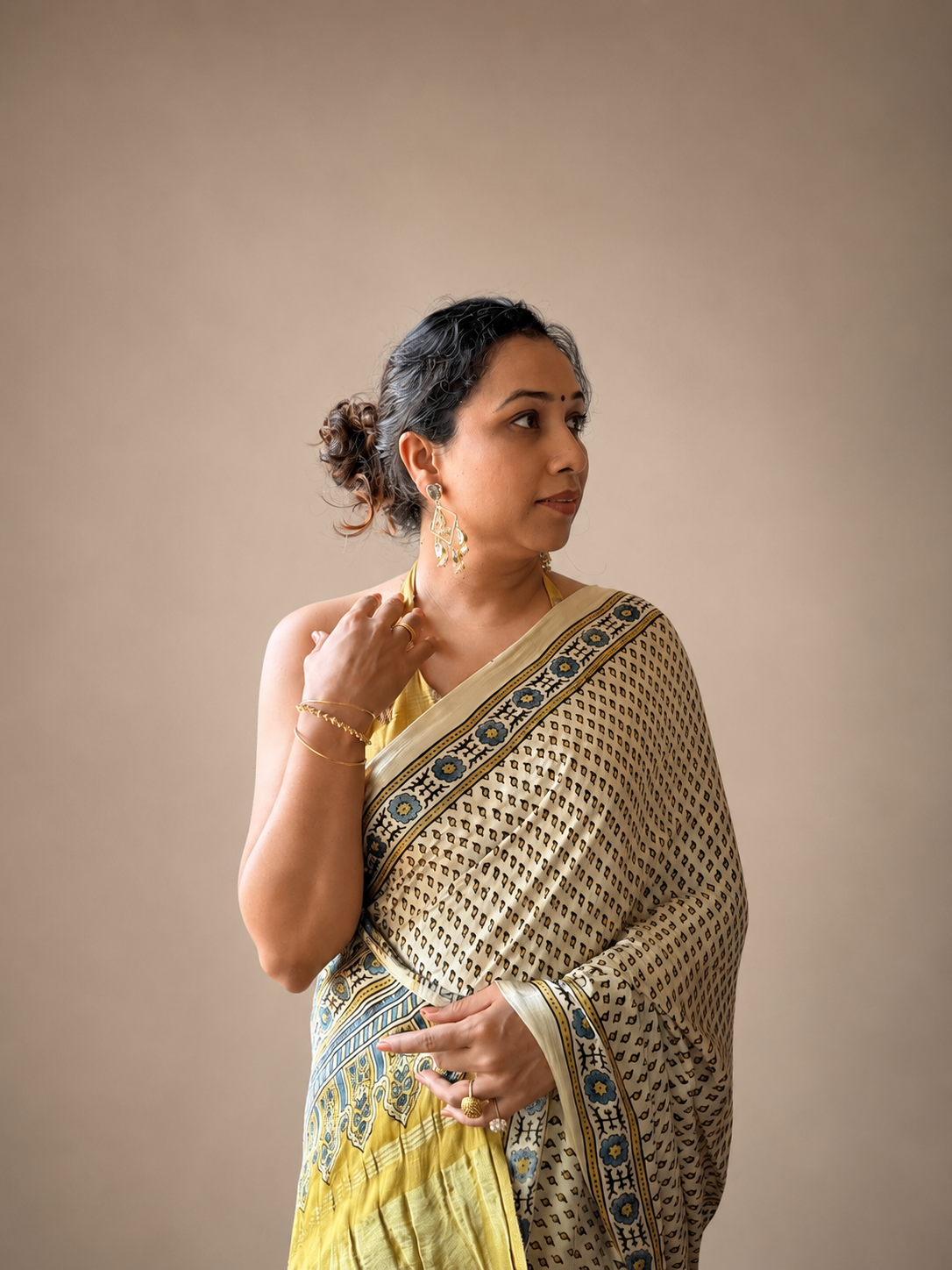 CHAANDNI Cream Ajrakh Buti Modal Silk Saree with Tissue Pallu - Earthy Blocks
