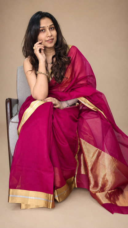 MEETHA Rani Pink Plain Chanderi Silk Cotton Saree - Earthy Blocks