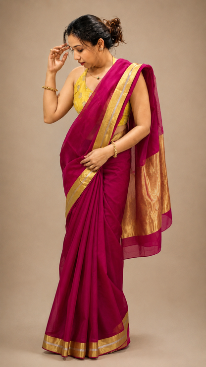 MEETHA Rani Pink Plain Chanderi Silk Cotton Saree - Earthy Blocks