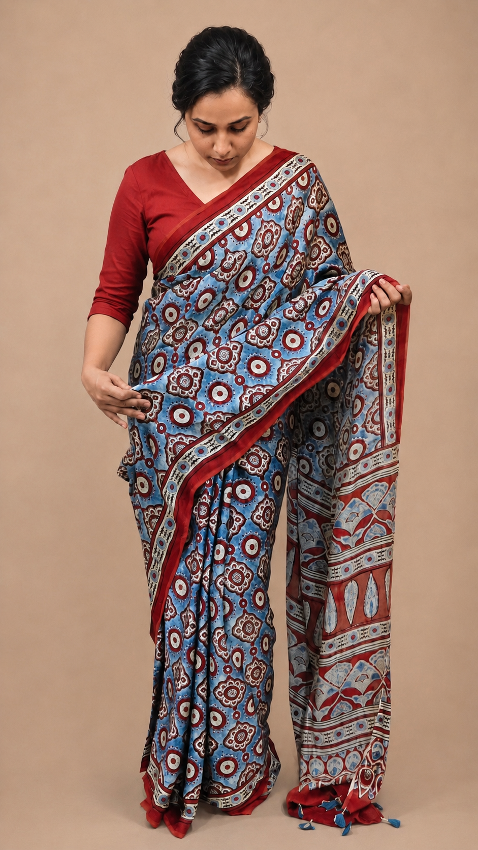 UDAN — Rust Red & Sky Blue Ajrakh Modal Silk Saree