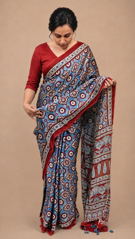 UDAN — Rust Red & Sky Blue Ajrakh Modal Silk Saree