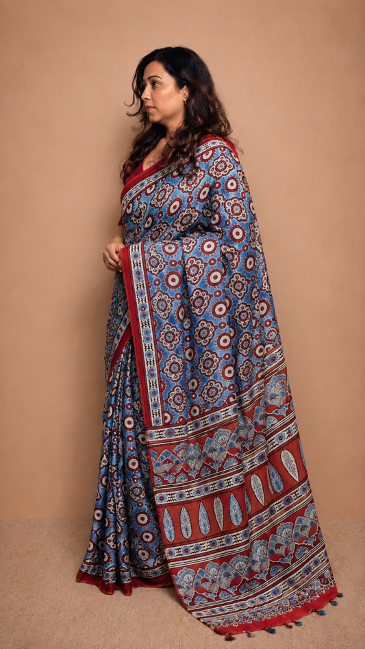 UDAN — Rust Red & Sky Blue Ajrakh Modal Silk Saree