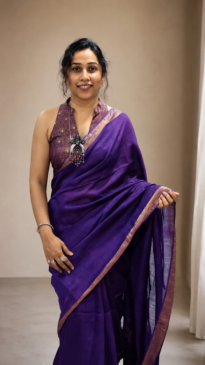 KUMUD — Deep Purple Munga Silk Saree with Gold Border & Pallu