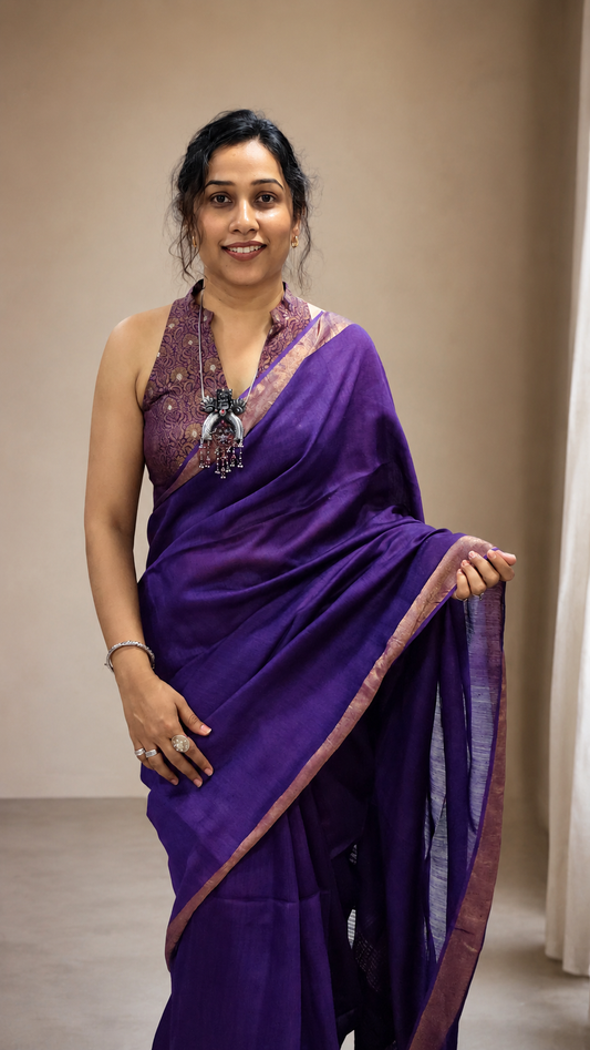 KUMUD — Deep Purple Munga Silk Saree with Gold Border & Pallu
