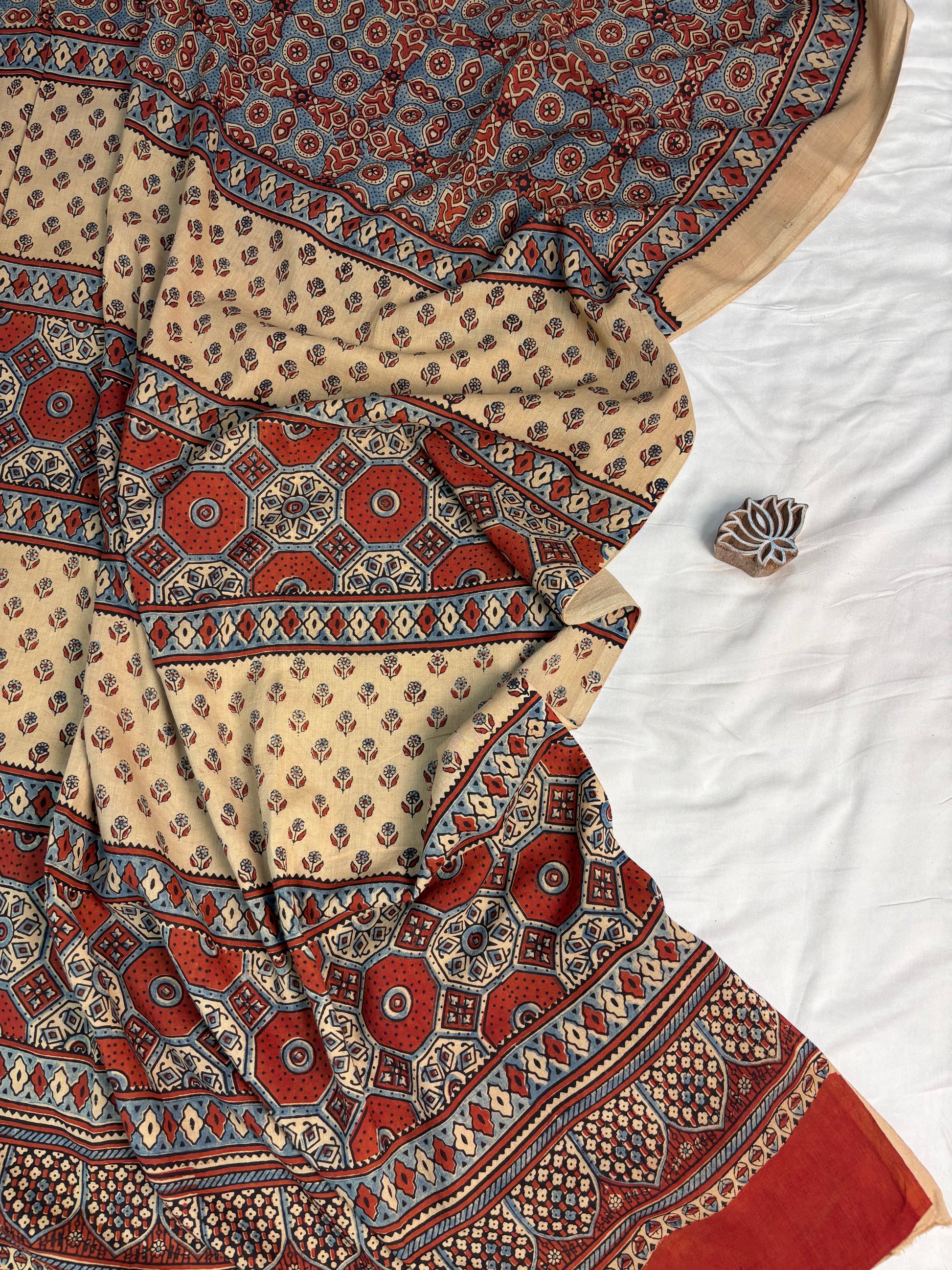 Beige & Red Ajrakh Hand Block Printed Cotton Saree - Earthy Blocks