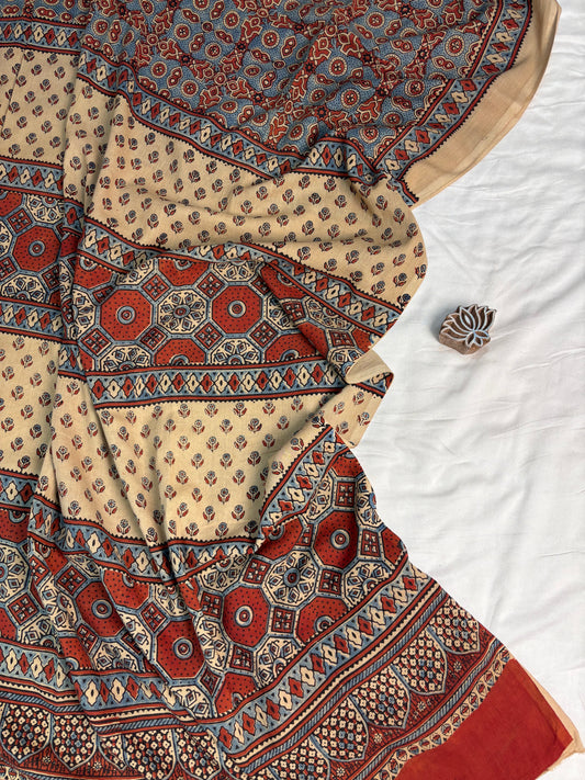 Beige & Red Ajrakh Hand Block Printed Cotton Saree - Earthy Blocks