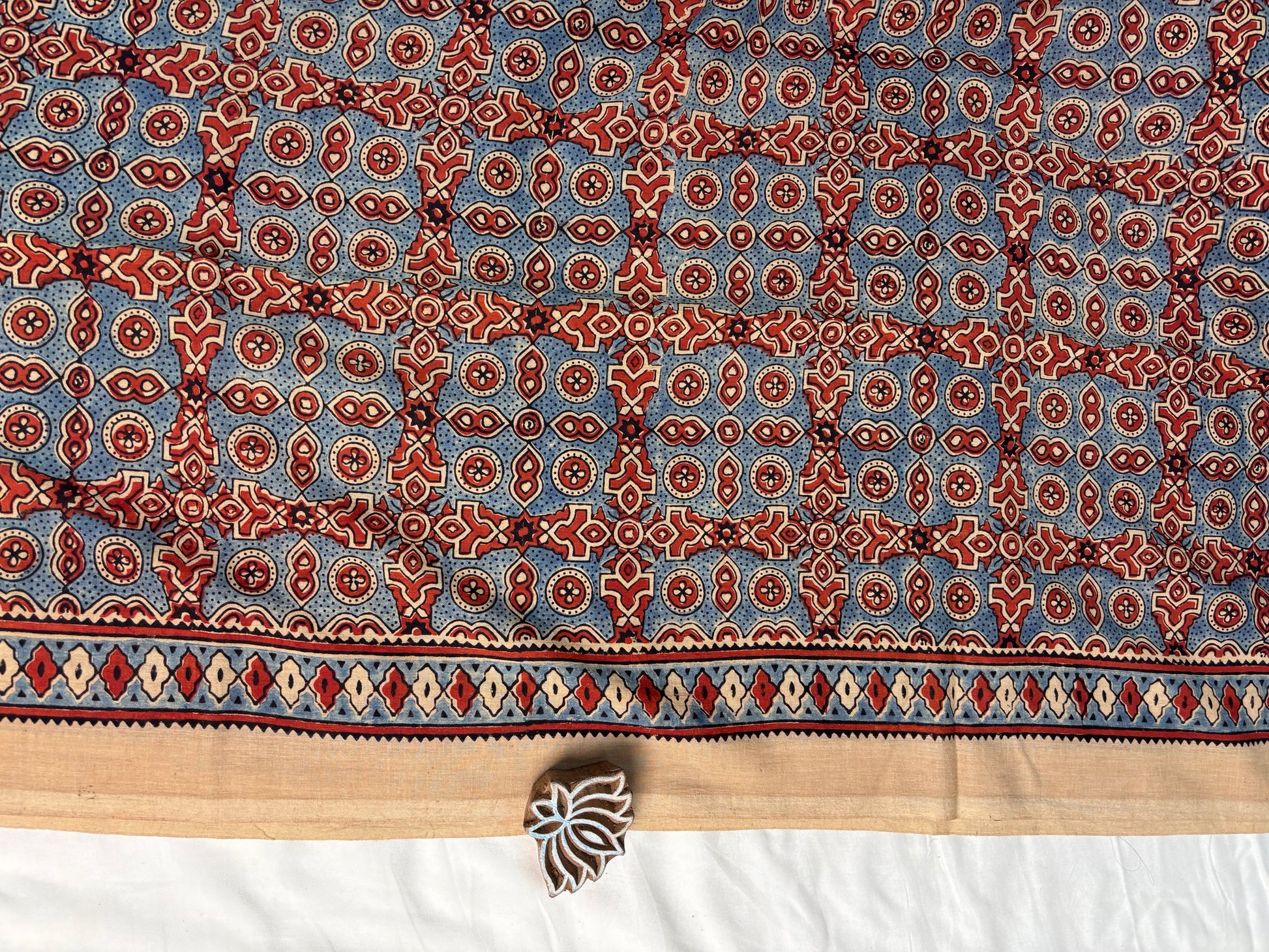Beige & Red Ajrakh Hand Block Printed Cotton Saree - Earthy Blocks