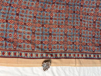 Beige & Red Ajrakh Hand Block Printed Cotton Saree - Earthy Blocks