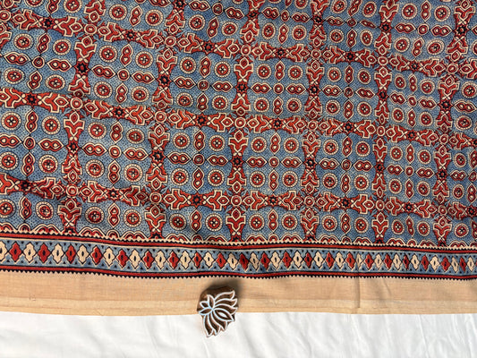 Beige & Red Ajrakh Hand Block Printed Cotton Saree - Earthy Blocks