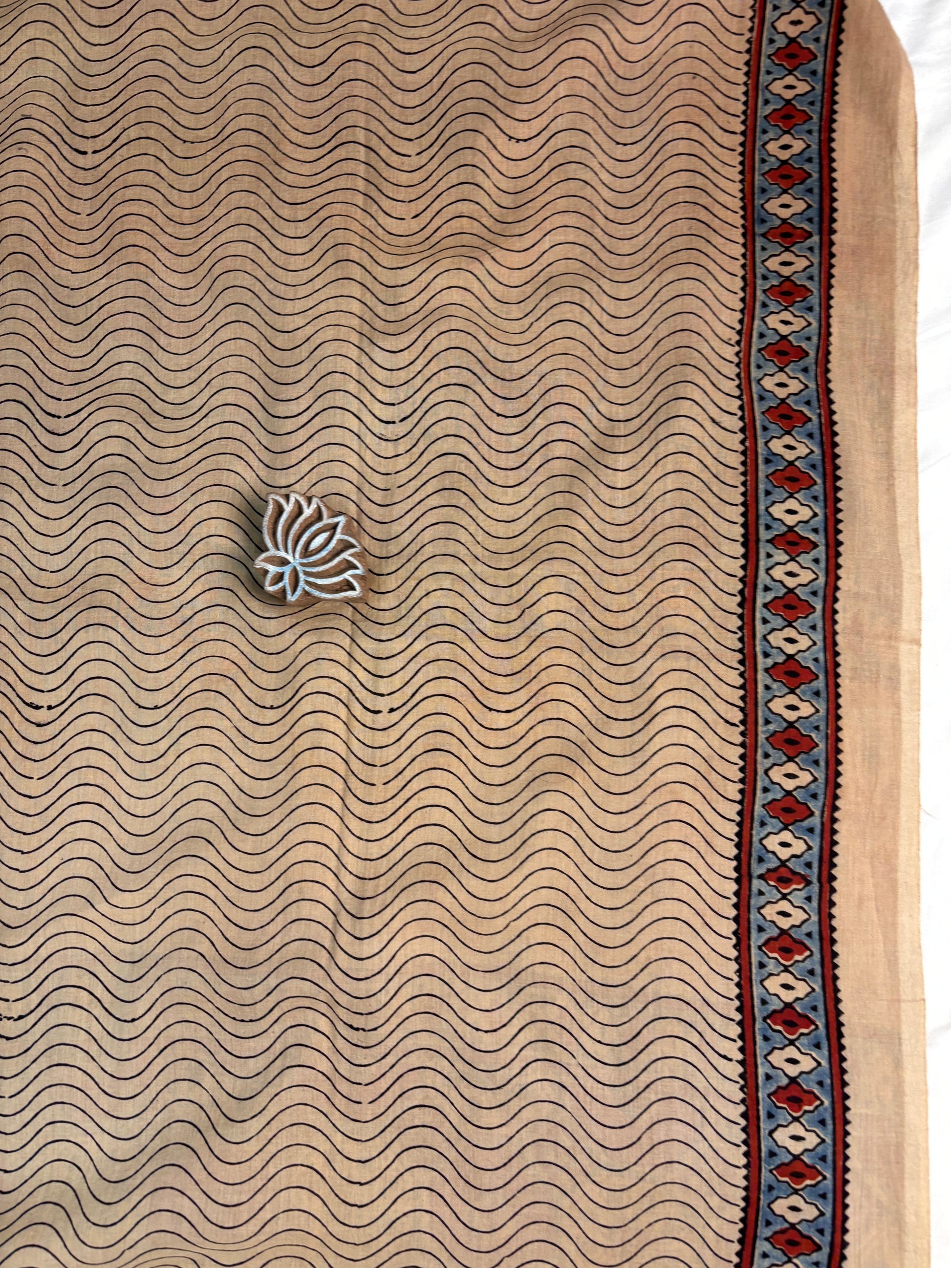 Beige & Red Ajrakh Hand Block Printed Cotton Saree - Earthy Blocks