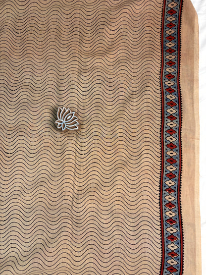 Beige & Red Ajrakh Hand Block Printed Cotton Saree - Earthy Blocks